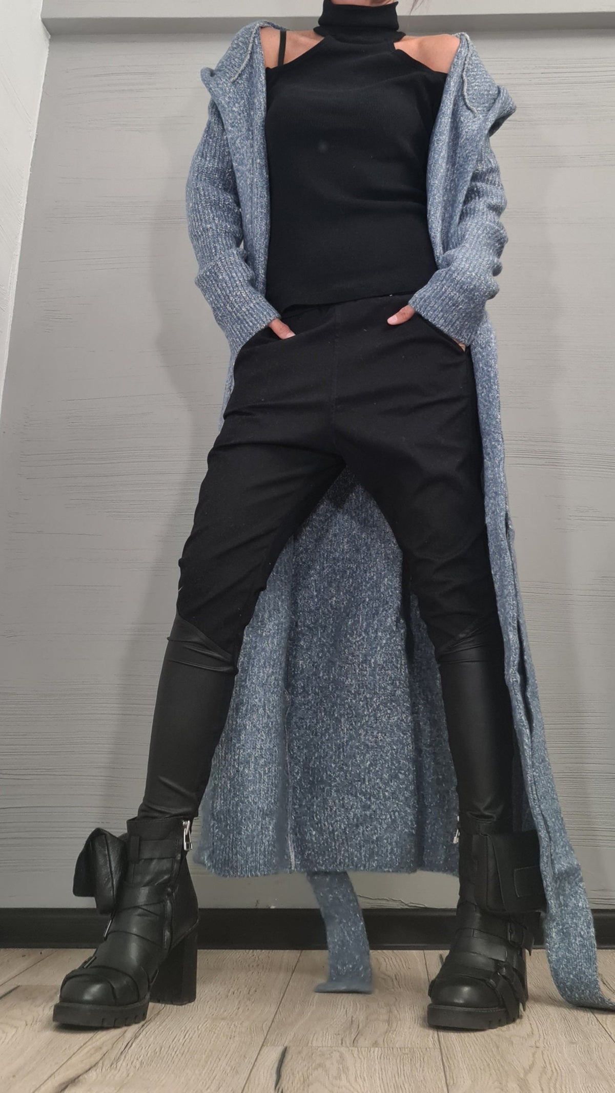 Blue Mohair Hooded Maxi Cardigan, Oversized Knit Cloak, Plus Size Sweater