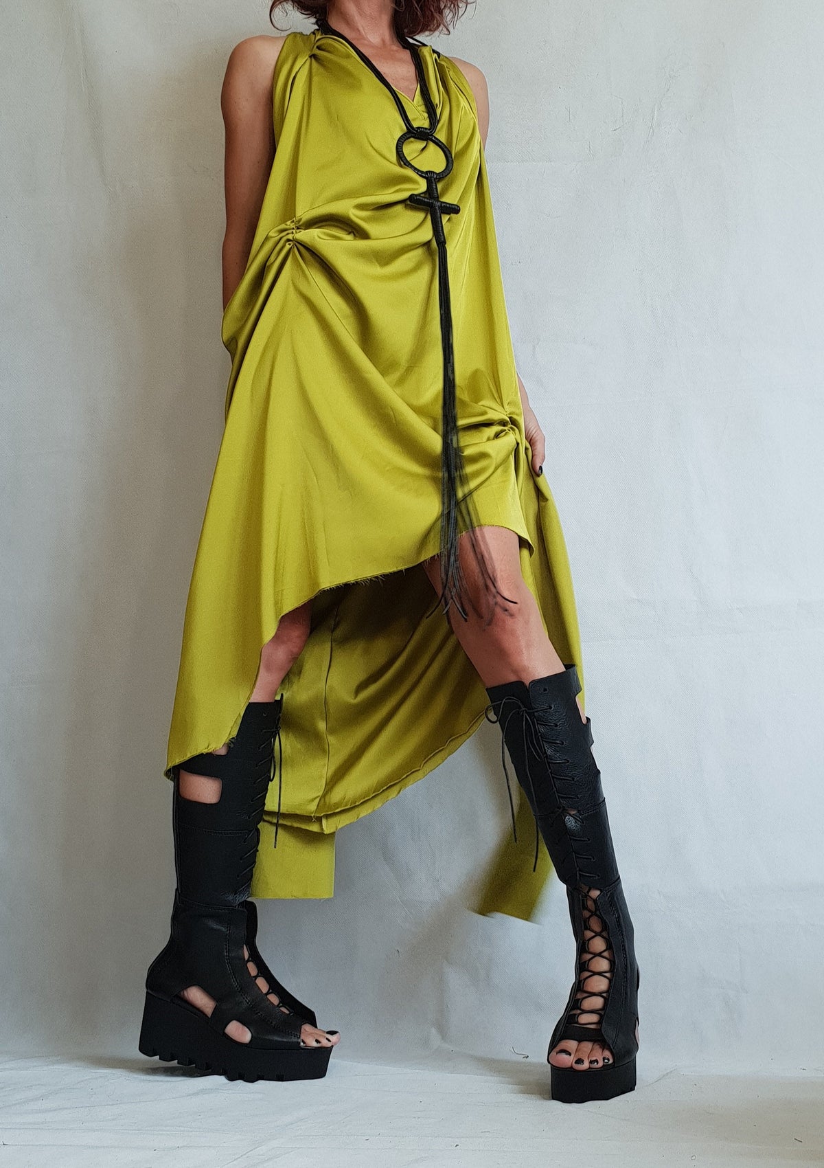 Mustard Satin Asymmetric Tunic, Open Back Mini Dress, Fitted Silhouette, Avant Garde Clothing