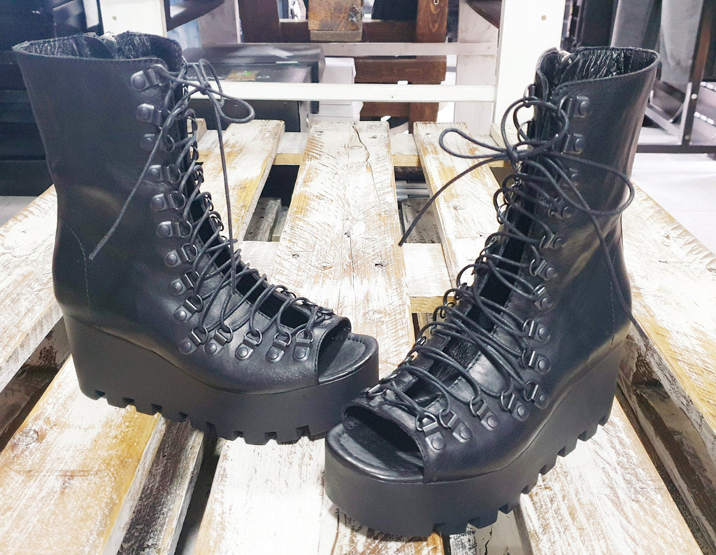 Black Platform Sandals, High Open Toe Shoes, Gothic Summer Combat Boots