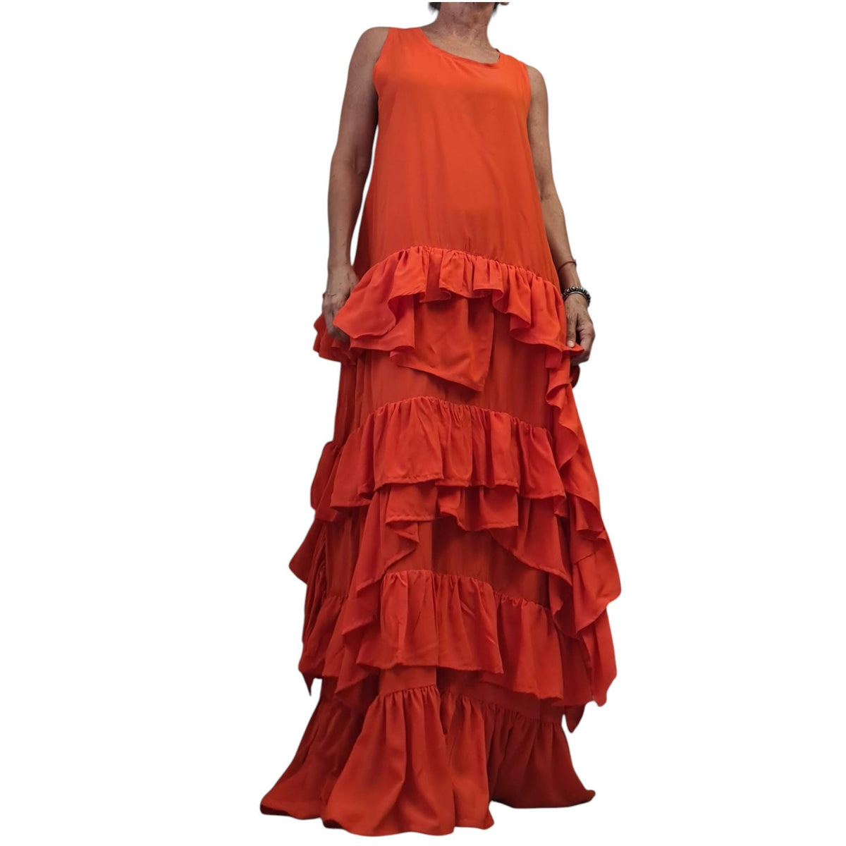 Orange Maxi Kaftan, Tiered Ruffle Dress, Sleeveless Resort Gown, Oversized Designer Clothing