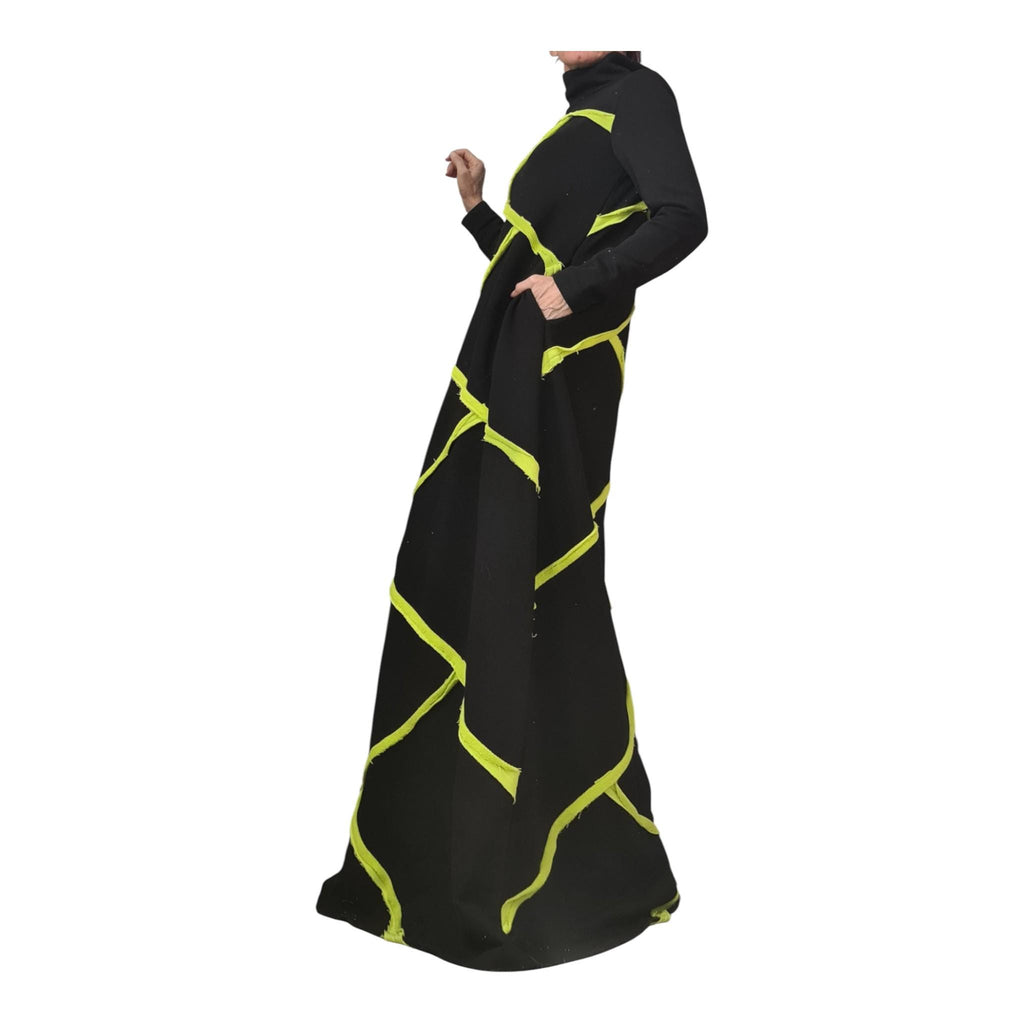 Black Cotton Maxi Dress, Lime Geometric Asymmetric Design, High Neck, Long Sleeve