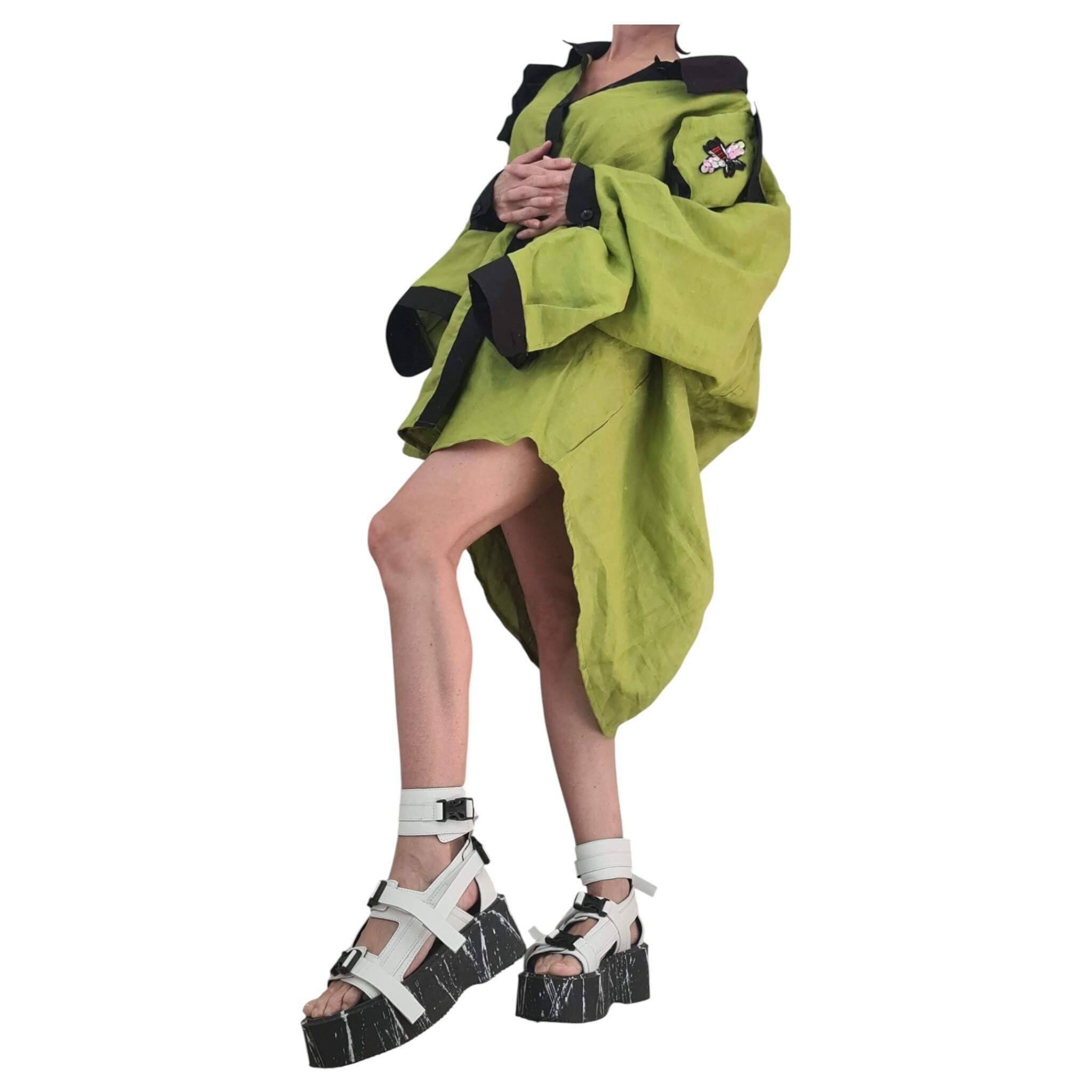 Pistachio Linen Asymmetric Tunic, Oversized Avant Garde Top, Open Back Collar Shirt, Cargo Pocket