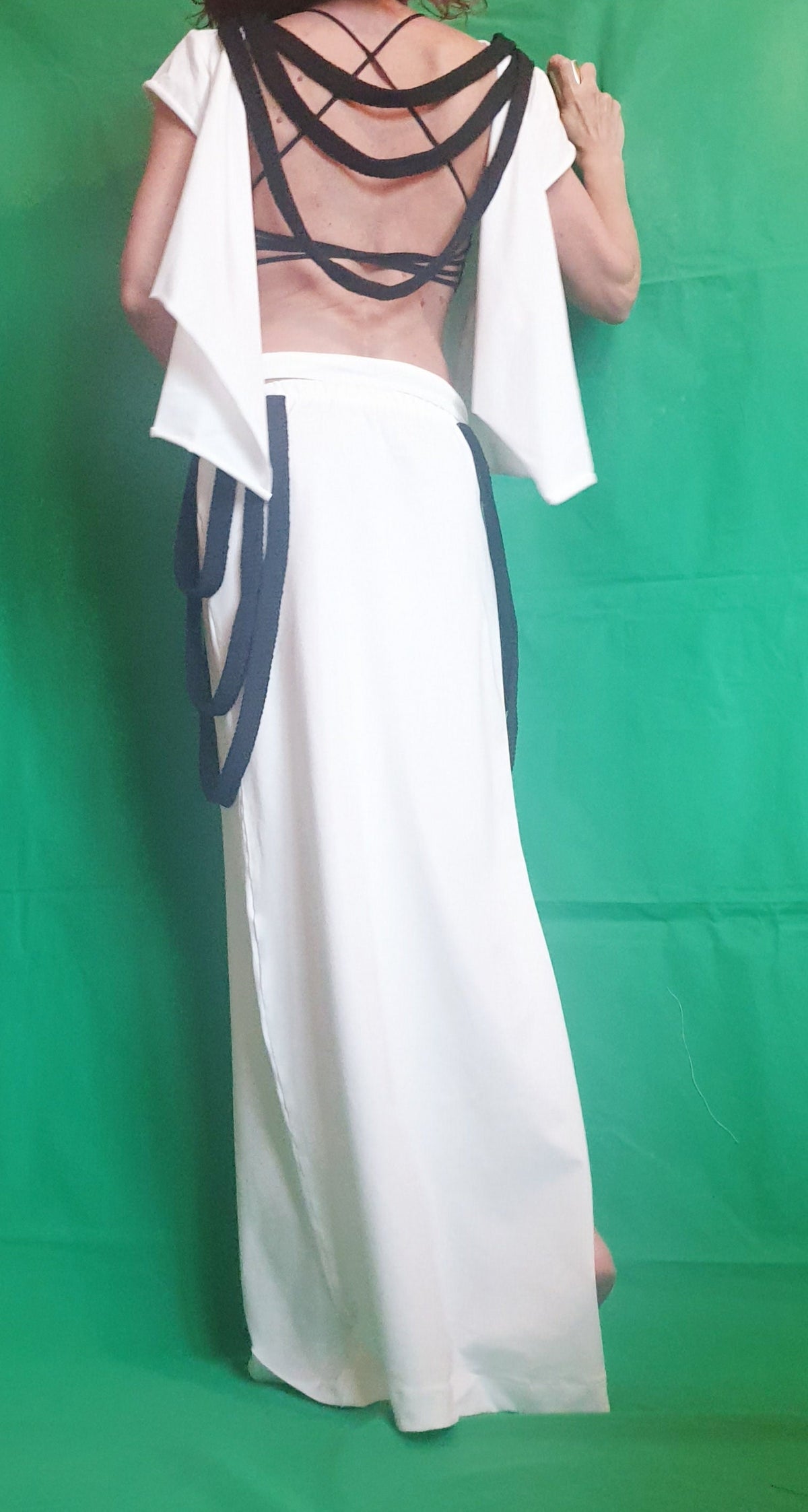White Black Asymmetrical Open Back Blouse, High Waist Maxi Skirt, Two Piece Co-Ord Set