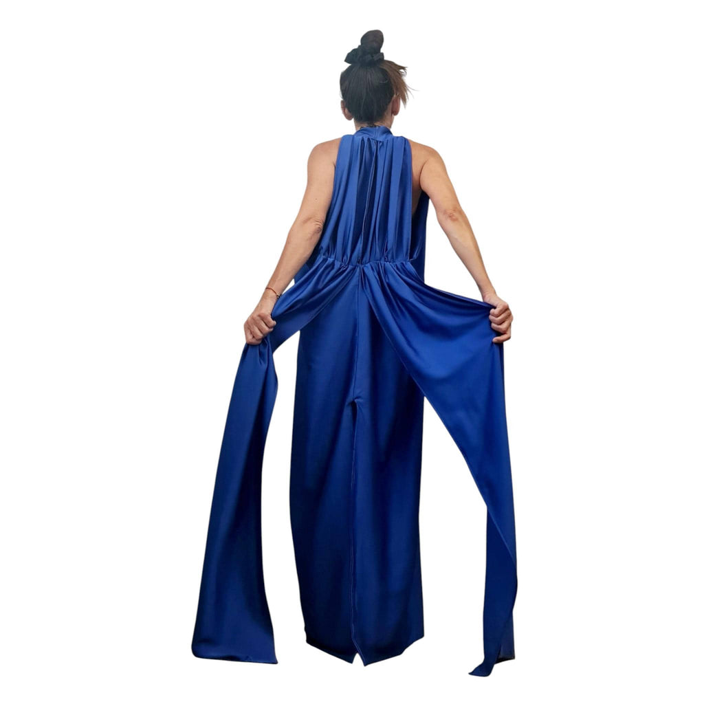 Royal Blue Draped Maxi Dress – Avant-Garde Open Back Grecian Gown