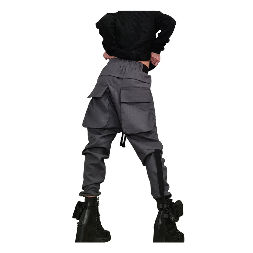 Grey Cargo Harem Pants, Utility Pockets, Tapered Leg