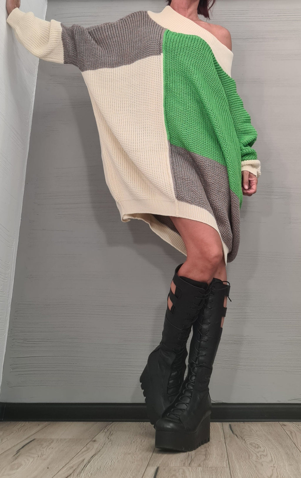 Green Color Block Asymmetric Knit Tunic, Oversized Off Shoulder Sweater, Plus Size Dress