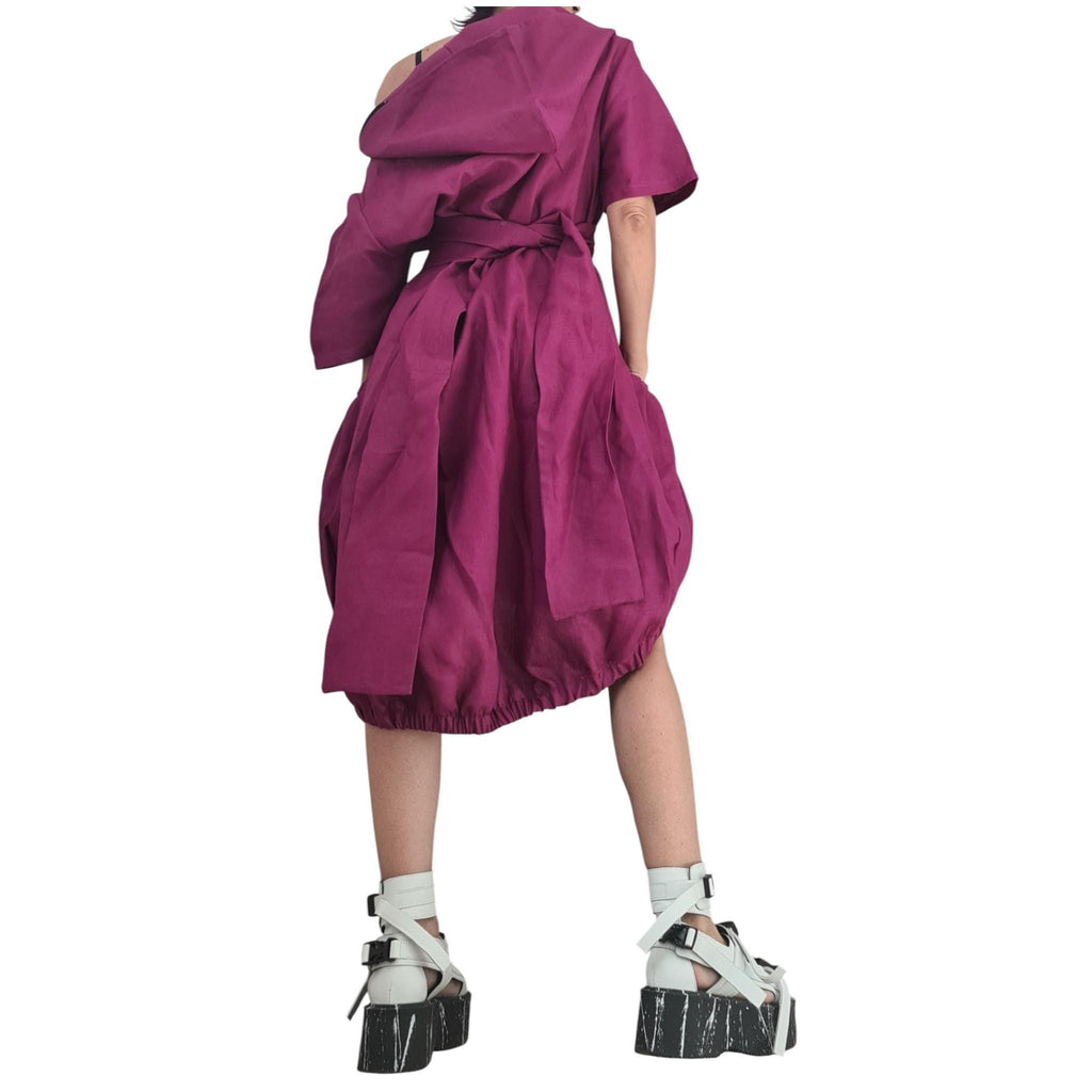 Plum Purple Linen Dress, Hooded Asymmetric Off Shoulder Dress, Oversized Short Sleeve