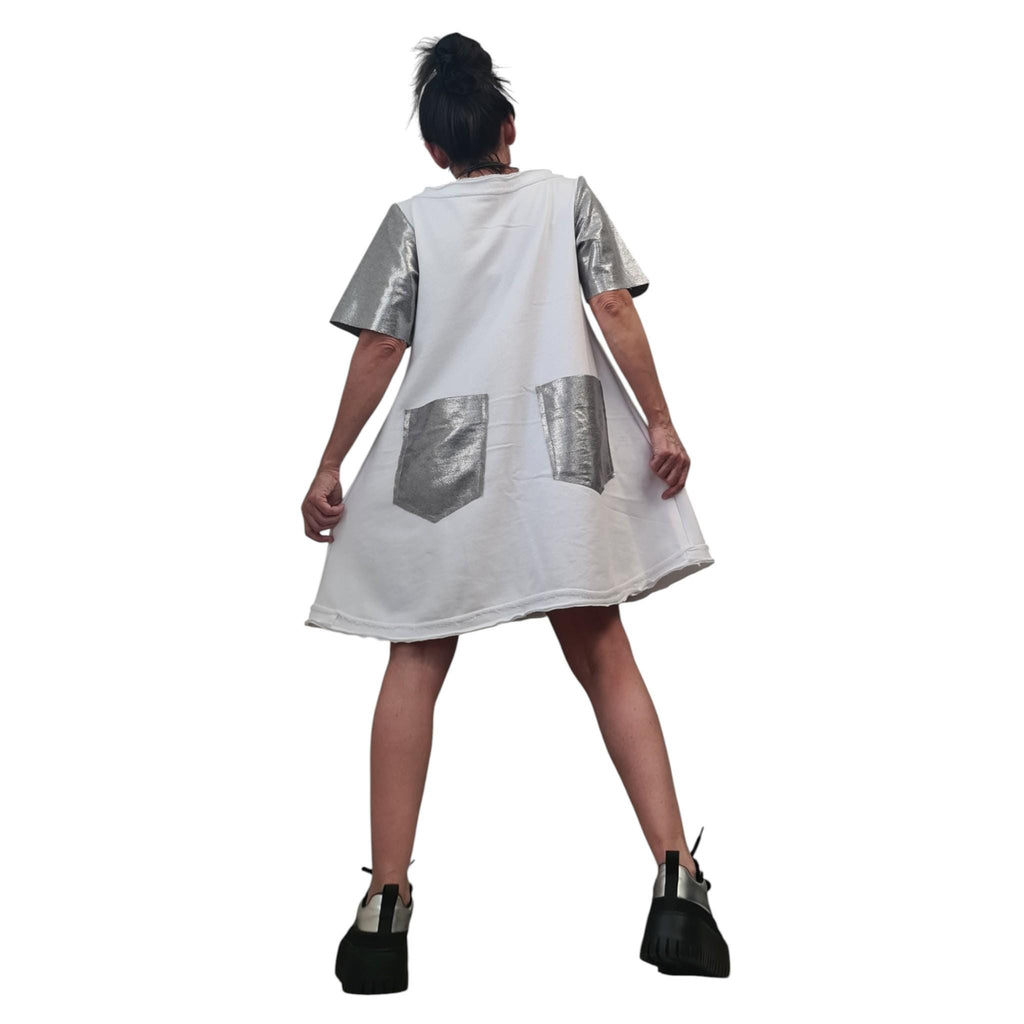 White Cotton Tunic Dress, Metallic Sleeves, Loose Fit, Plus Size Dress