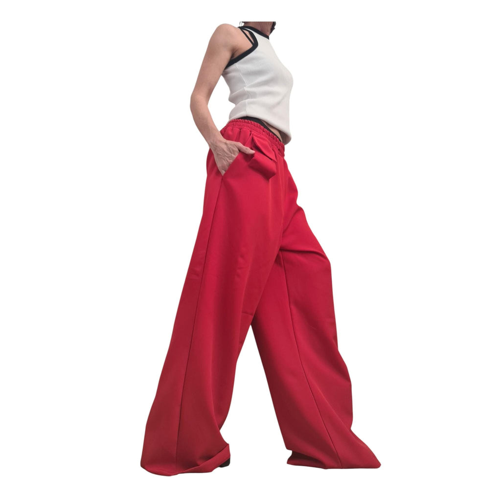 Red Cargo Trousers, Wide Leg, High Waist, Designer Bottoms