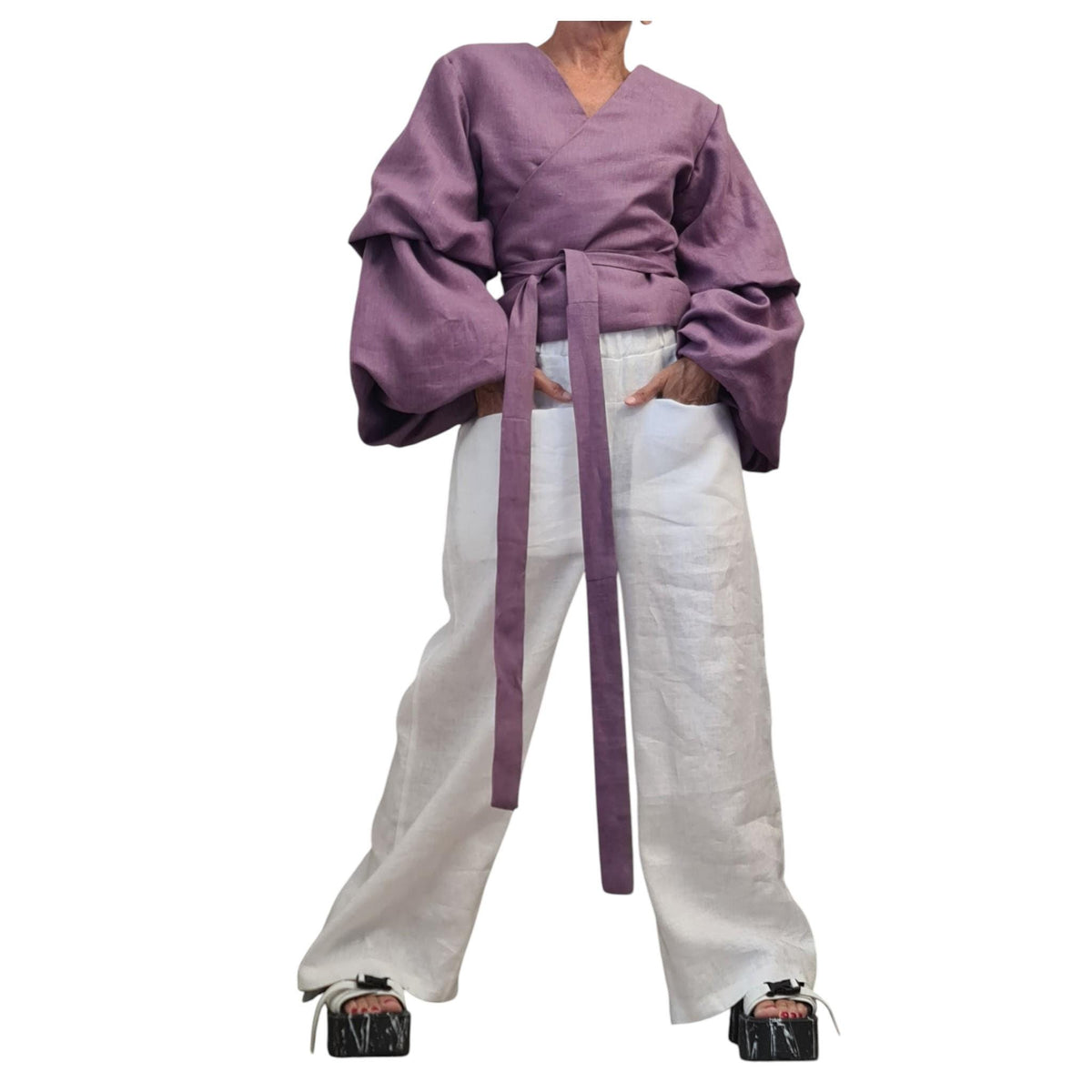 Lavender Linen Wrap Blouse, Reversible Top, Balloon Sleeves, Tie Waist, Oversized Fit, V Neck