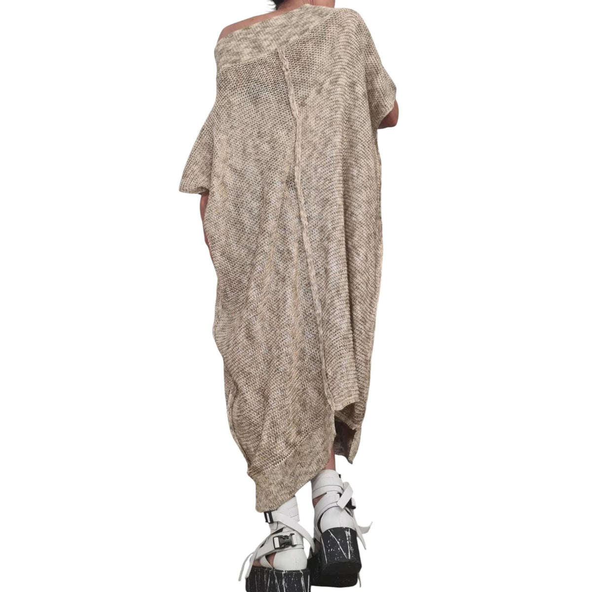 Beige Asymmetric Knitted Tunic, Oversized Open Shoulder Sweater, Plus Size Dress