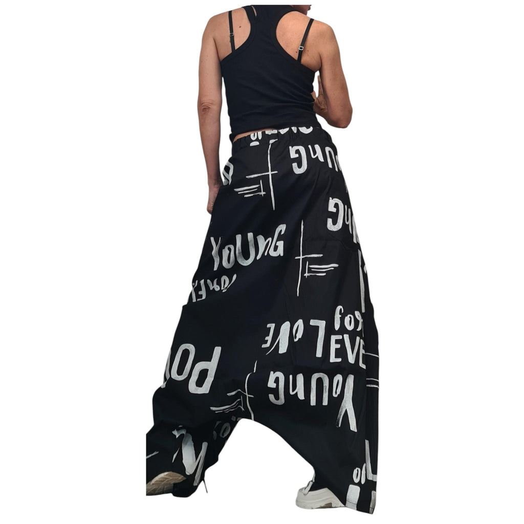 Asymmetric Cotton Harem Trousers, Wrap Skirt Pants, Adjustable Length