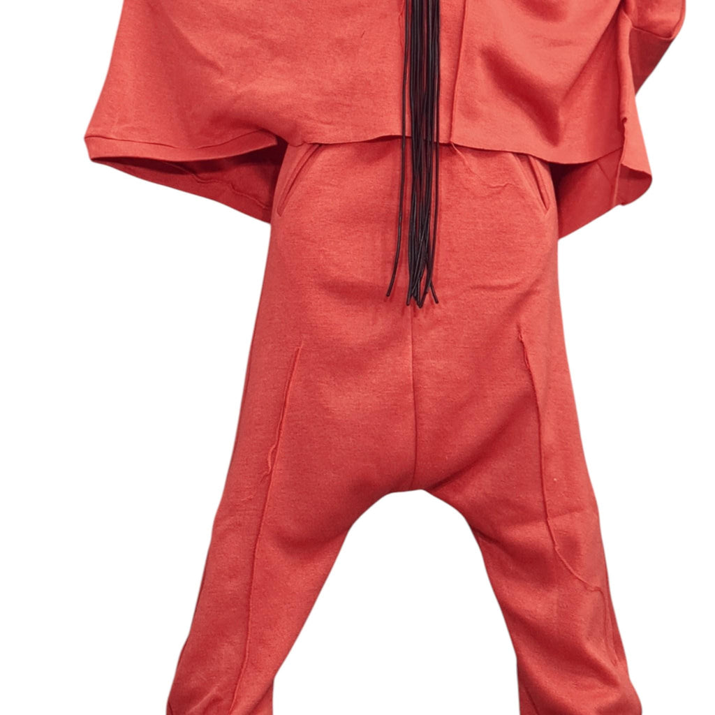 Orange Knit Deep Drop Crotch Harem Pants, Oversized Asymmetrical Blouse, Raw Edges, Co-Ord Set