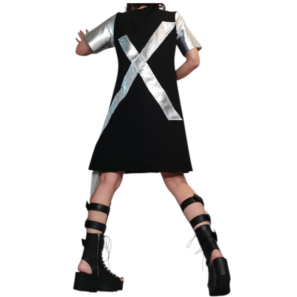 White Silver Cotton Tunic, Dress Silver Elements A Line Short Sleeve Women