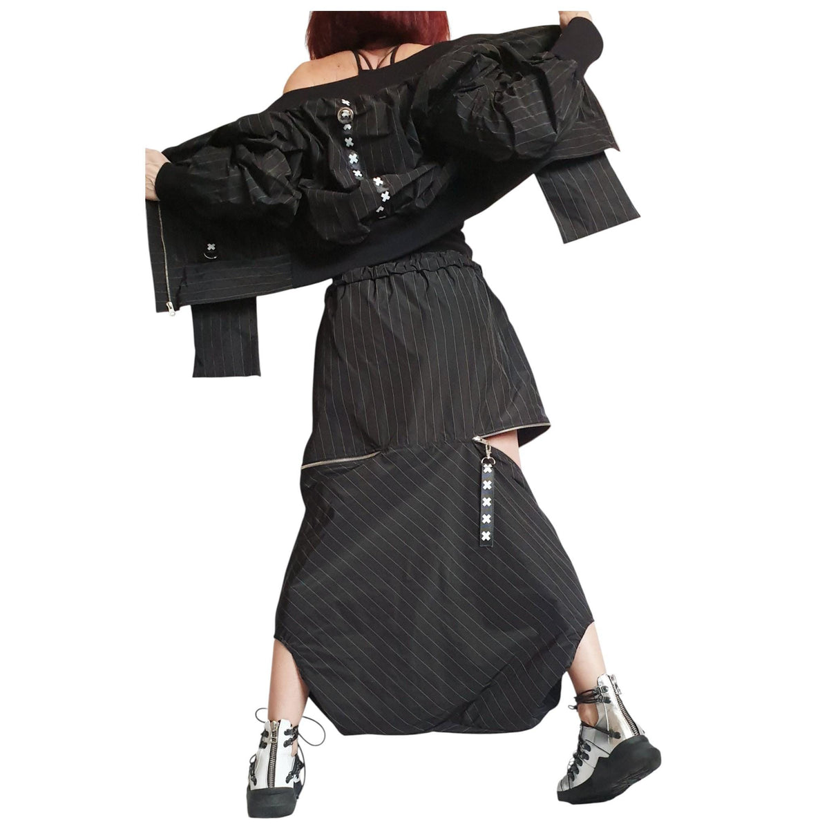 Black Pinstripe Asymmetrical Jacket, Long Pants Skirt, Plus Size Cotton Sateen Co-Ord Set