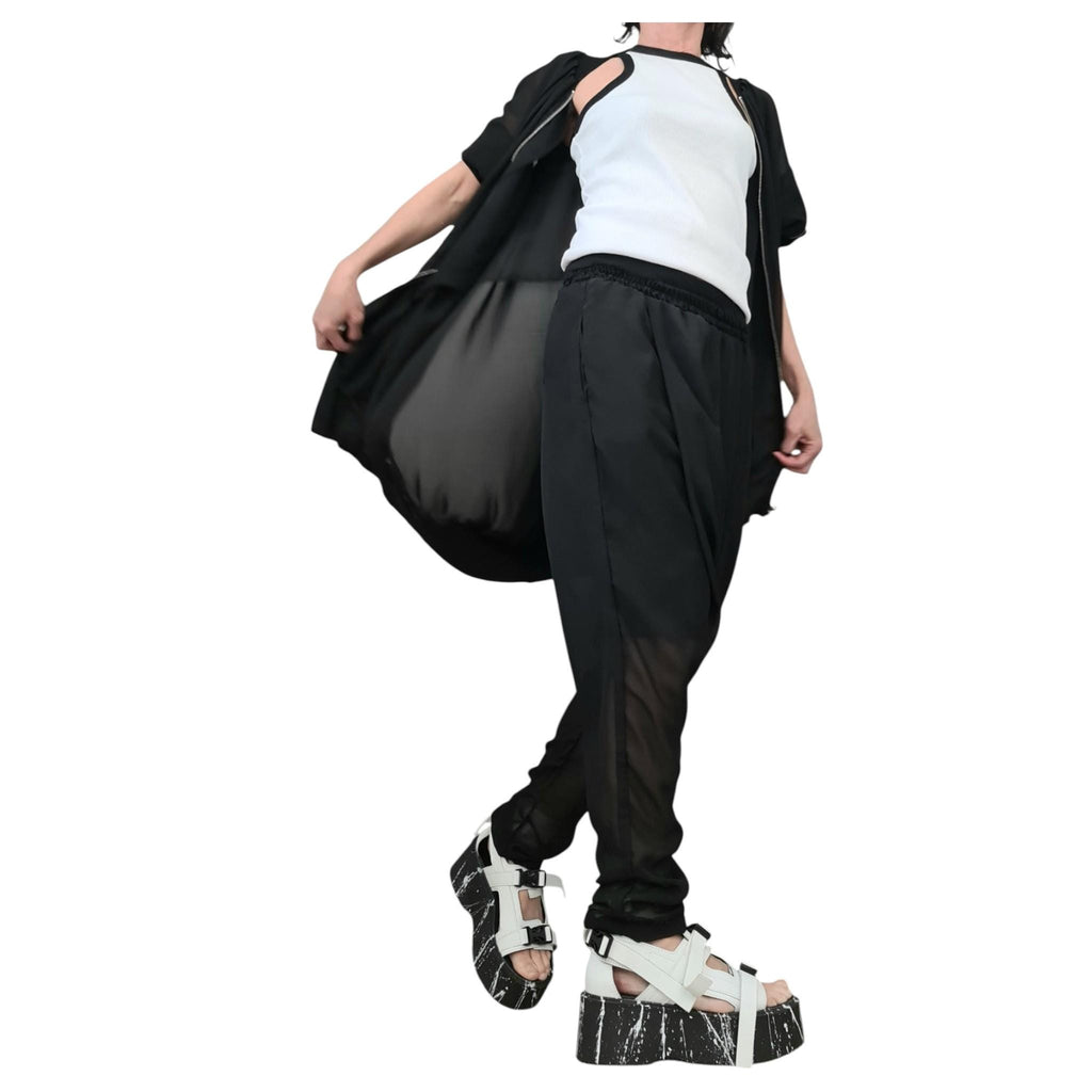 Black Chiffon Harem Pants with Cotton Shorts, Loose Asymmetrical Sweatshirt, Two Piece Co-Ord Set