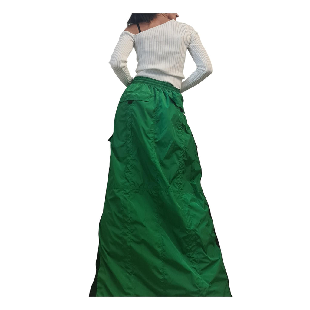 Green Cargo Maxi Skirt with Zippers, Oversized Streetwear Clothing, Techwear Style