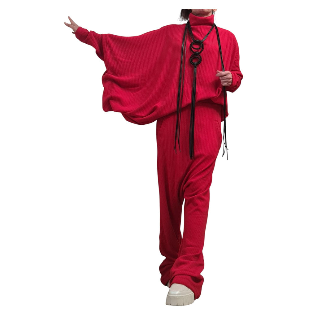 Red Knit Straight Leg Pants, Asymmetrical Batwing Turtleneck Top, Two-Piece Co-Ord Set, Plus Size