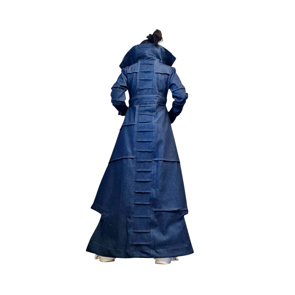 Denim Layered Trench Coat – Oversized Avant-Garde Blazer – Handmade Jean Jacket with Belt