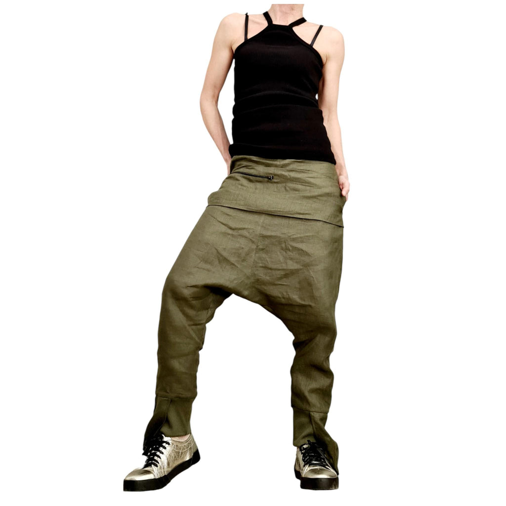 Military Green Linen Pants for Women, Drop Crotch Summer Trousers, Handmade Casual Urban Outfit
