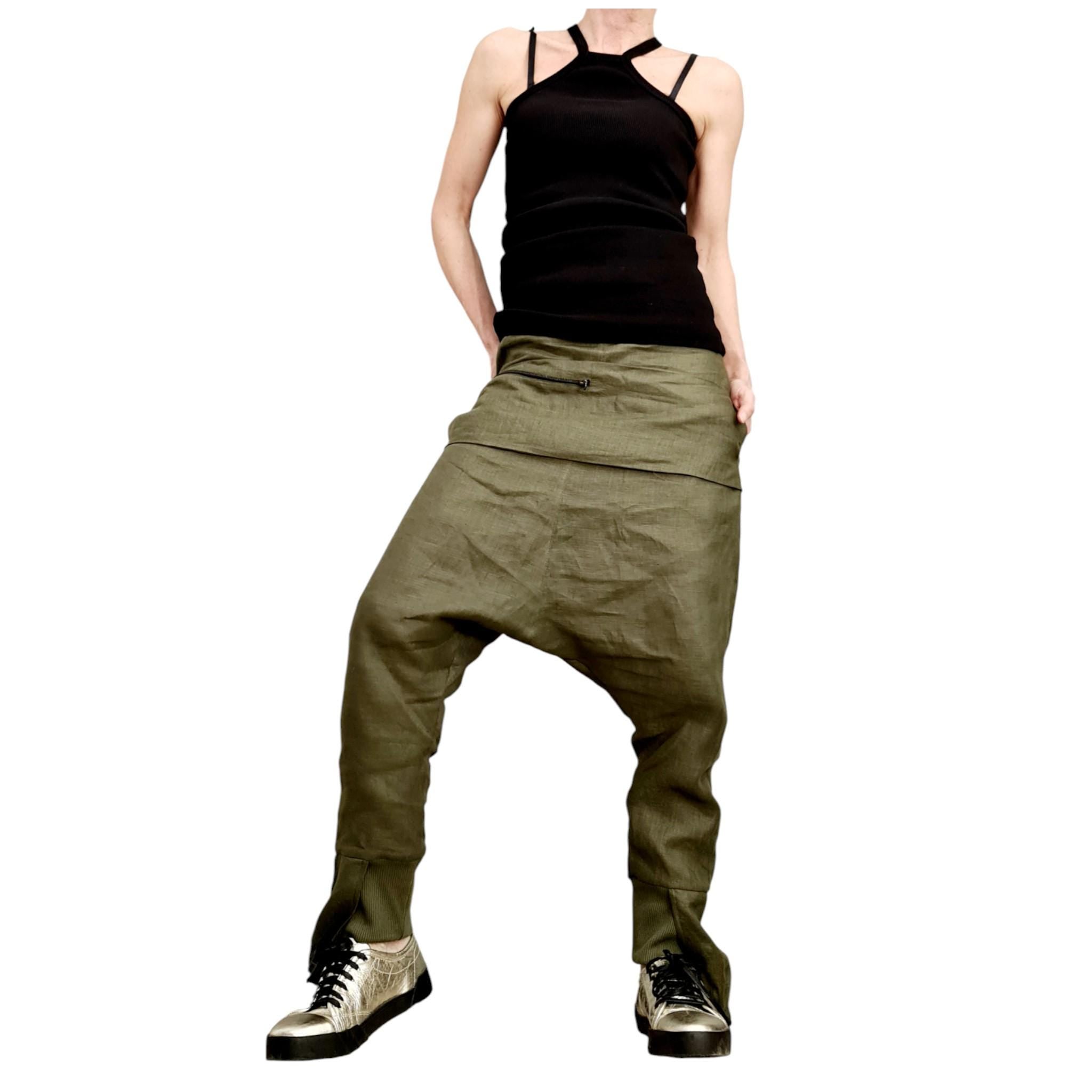 Military Green Linen Pants for Women, Drop Crotch Summer Trousers, Handmade Casual Urban Outfit