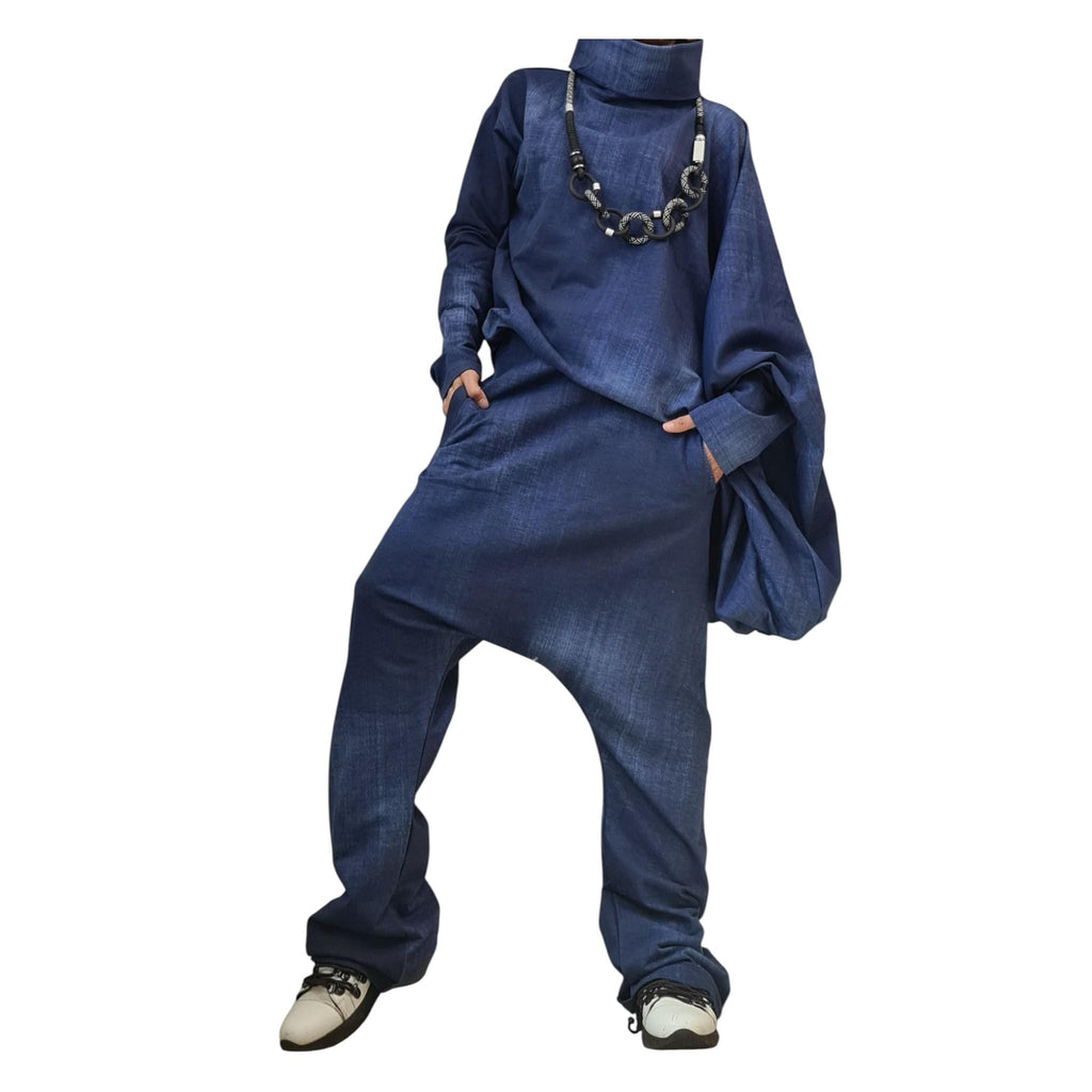 Plus Size Outfit Women, symmetric Sleeve Blouse, Harem Pants, Denim Look Cotton Fabric