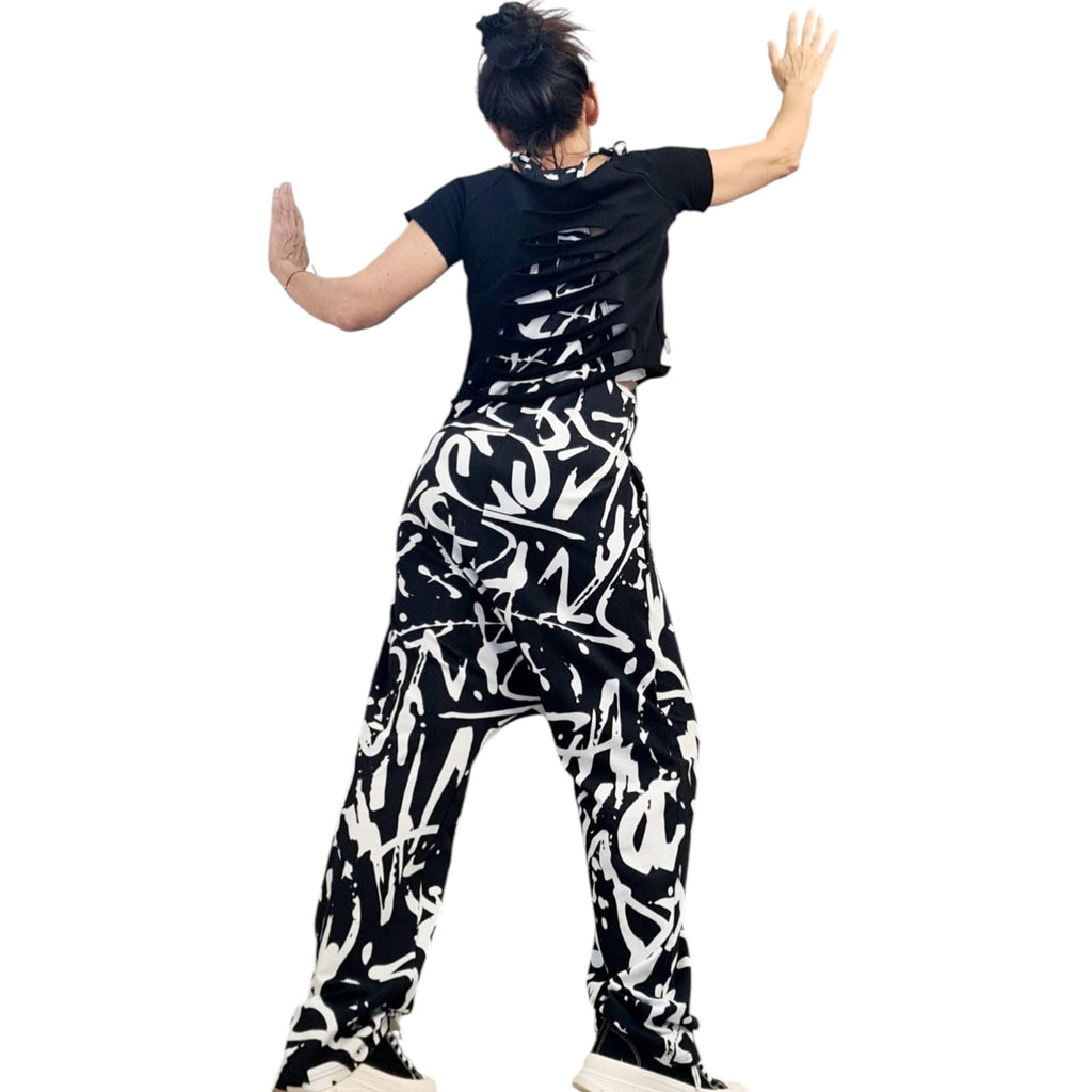 Black White Graffiti Harem Jumpsuit, Loose Drop Crotch Cotton Comfort