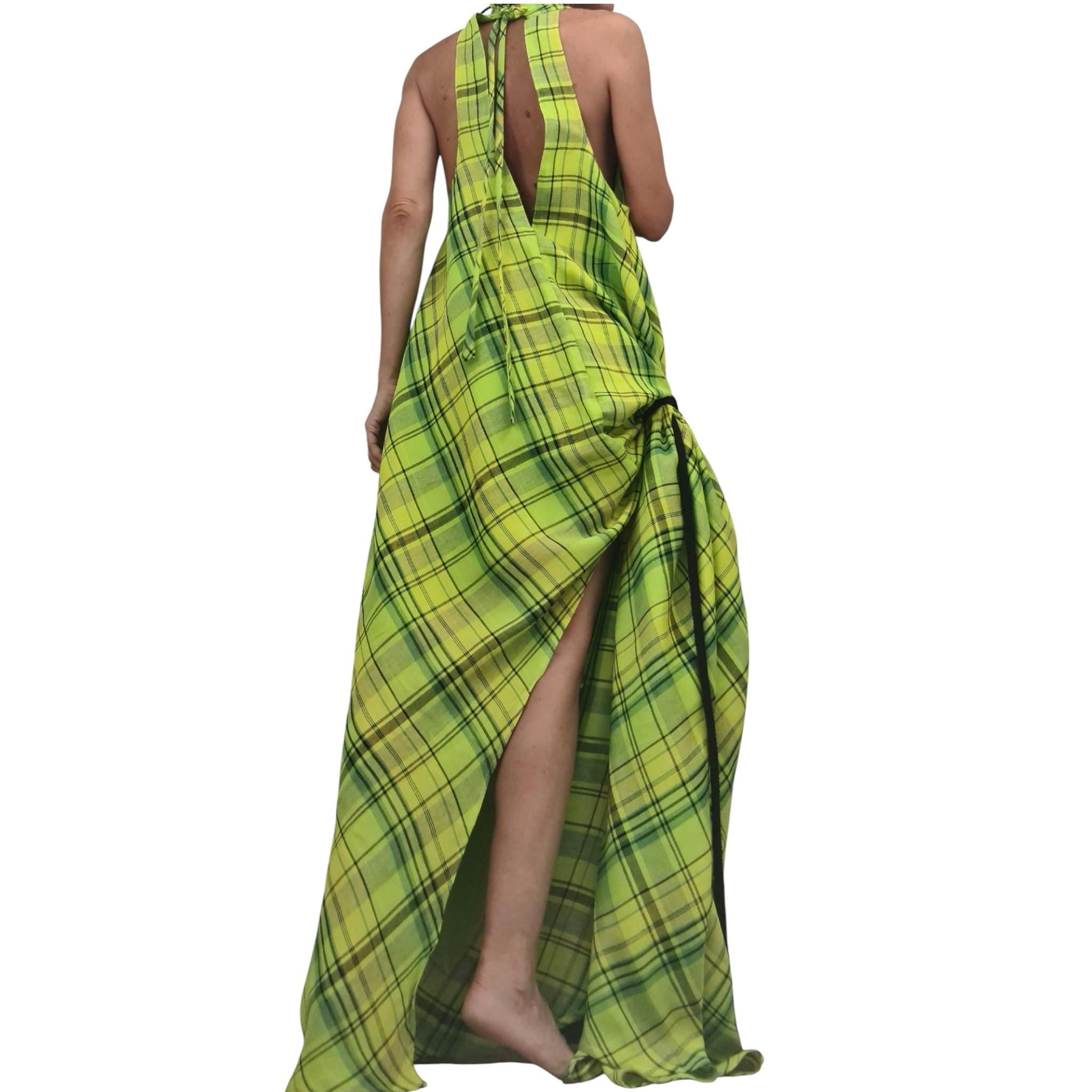 Lime Linen Asymmetric Dress for Women, Plaid Sleeveless Maxi Dress, Open Back Avant Garde