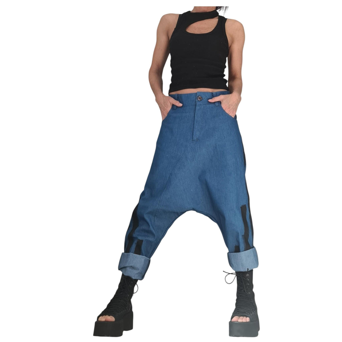 Denim Harem Pants, Extravagant Deep Drop Crotch Pants for Women