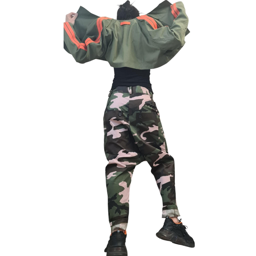 Military Green Hooded Two-Piece Set, Belted Maxi Vest and Cropped Jacket, Orange Stripes
