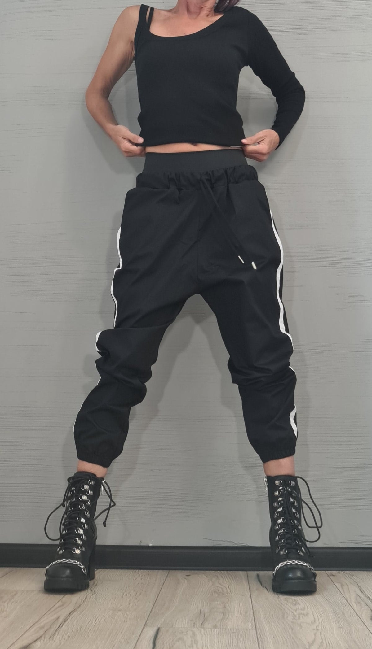 Beige Cargo Jogger Pants, Drop Crotch Trousers, Black Side Stripes, Elastic Waist, Multiple Pockets