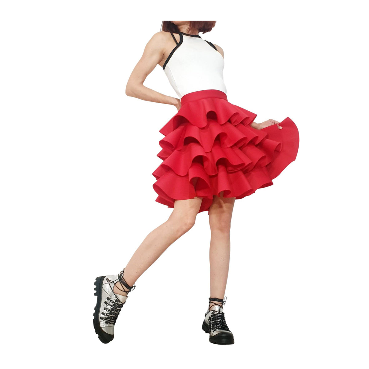 Red Neoprene Circle Skirt, Asymmetric Ruffle Ball