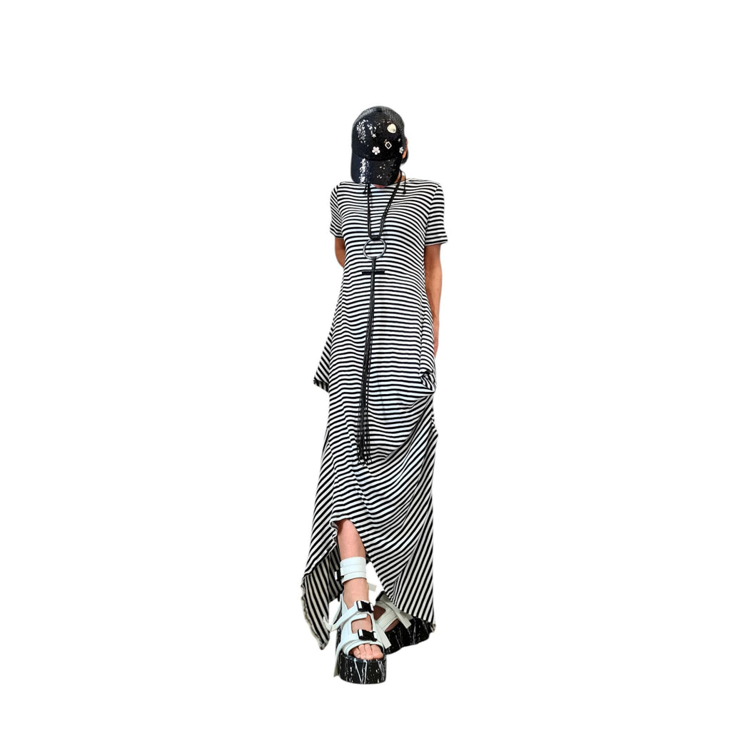 Striped Cotton Asymmetric Dress High Low Hem, Oversized Avant Garde Fashion