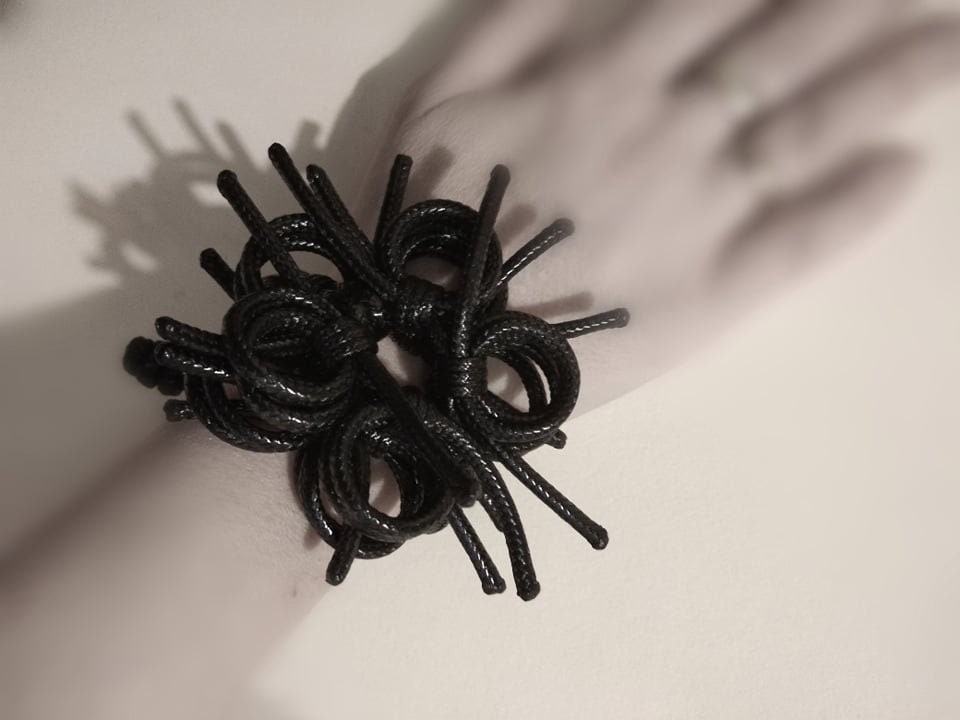 Handmade Black Flower Bracelet, Art Extravagant Synthetic Ties Jewelry