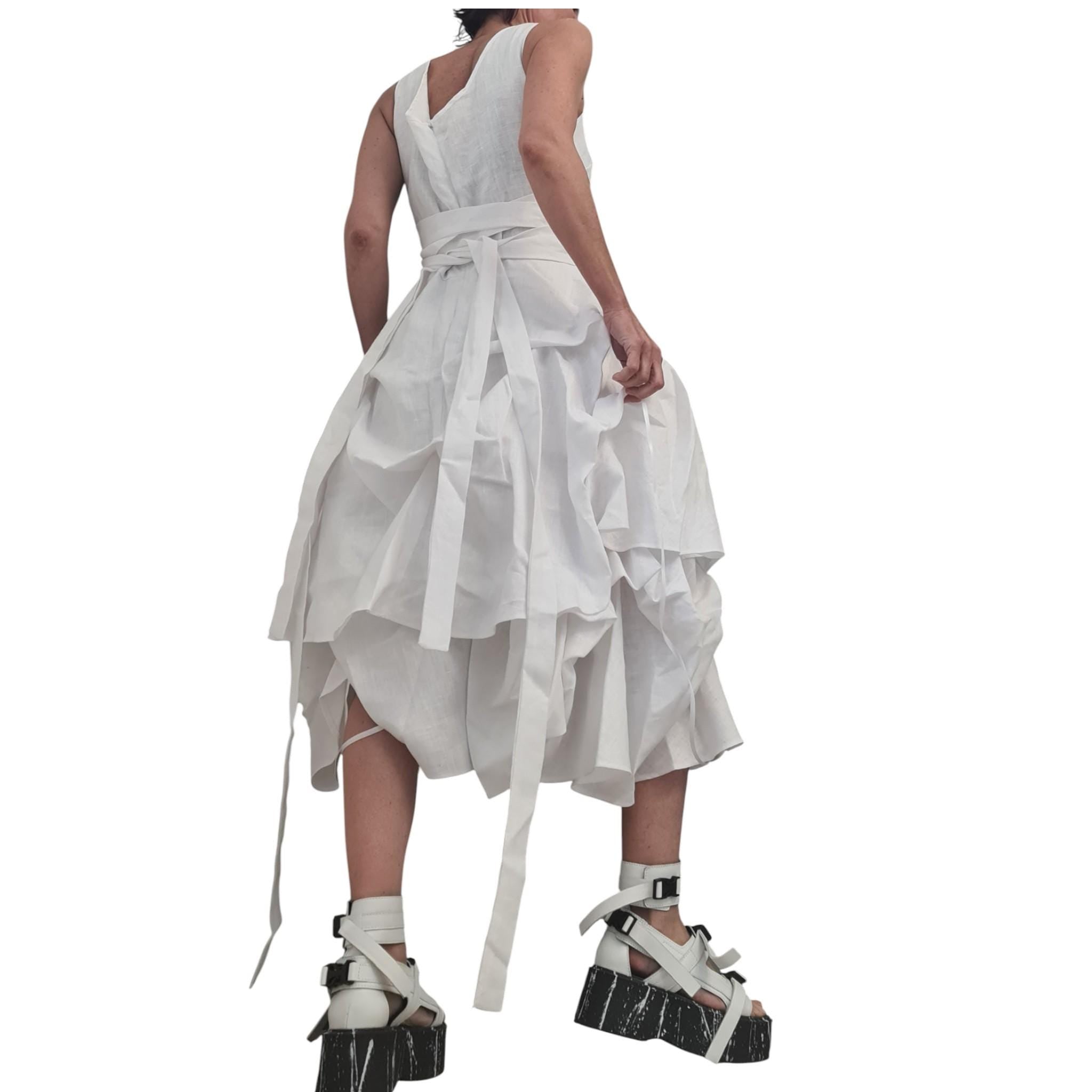 White Linen Sleeveless Dress, Asymmetric Midi Dress