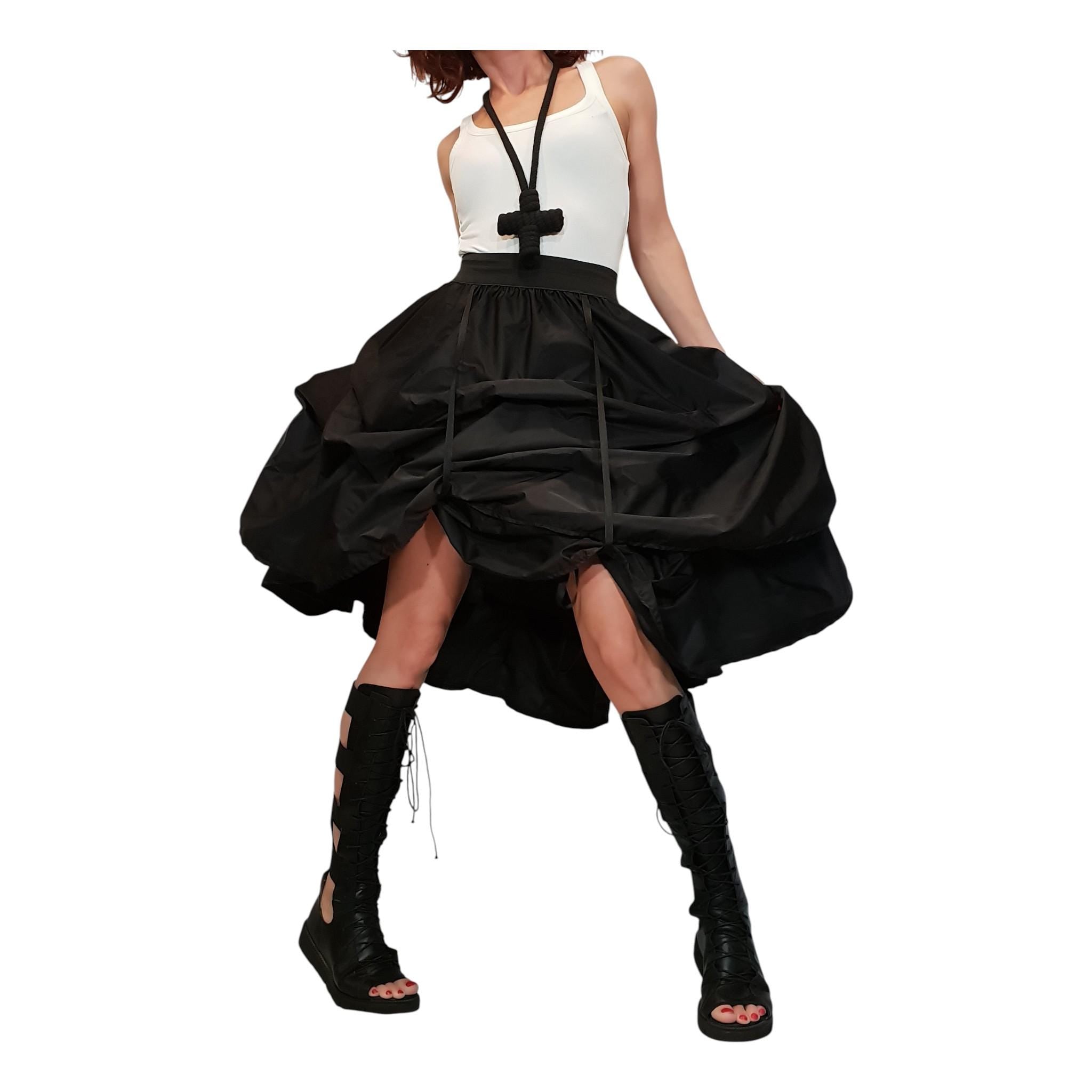 Black Layered Taffeta Skirt Dress, Adjustable Drawstrings, Voluminous Gothic Skirt, Avant Garde Steampunk