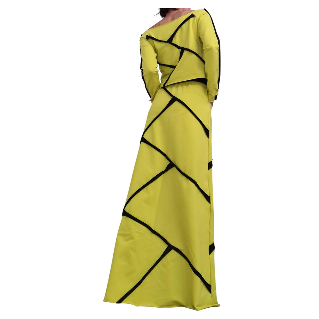 Pistachio Cotton High Waist Maxi Skirt, Asymmetrical Cropped Long-Sleeve Blouse, Contrast Trim, Co-Ord Set