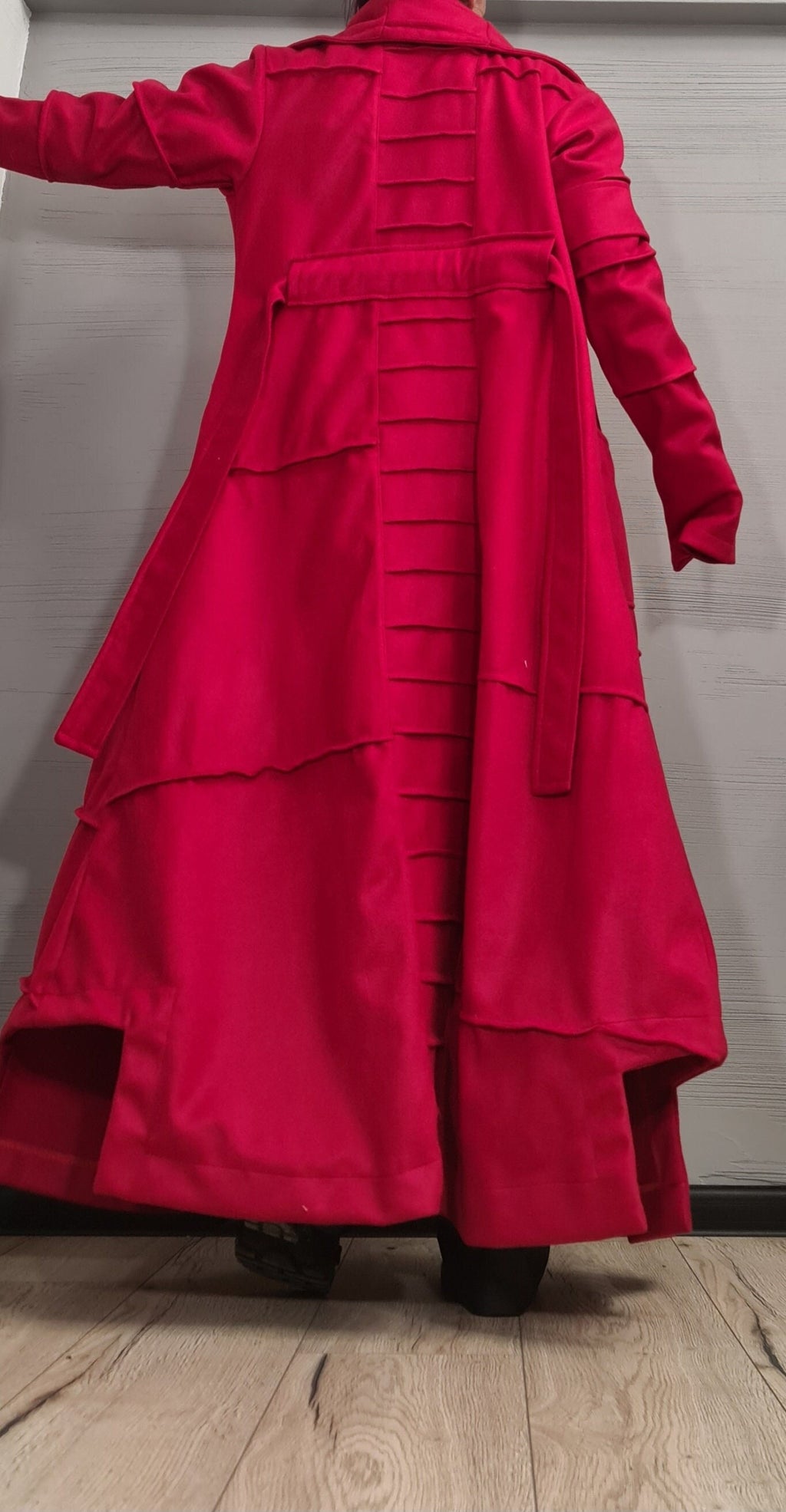 Red Asymmetric Floor Length Coat, Layered Hem and High Collar, Strap Details, Plus Size