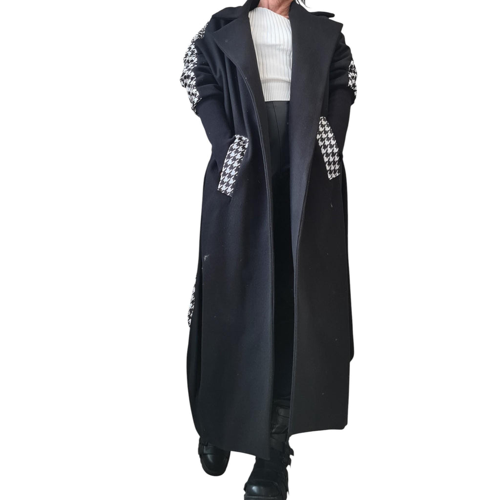 Black Asymmetric Wool Coat, Houndstooth Back Panel, Oversized Maxi Coat, Plus Size