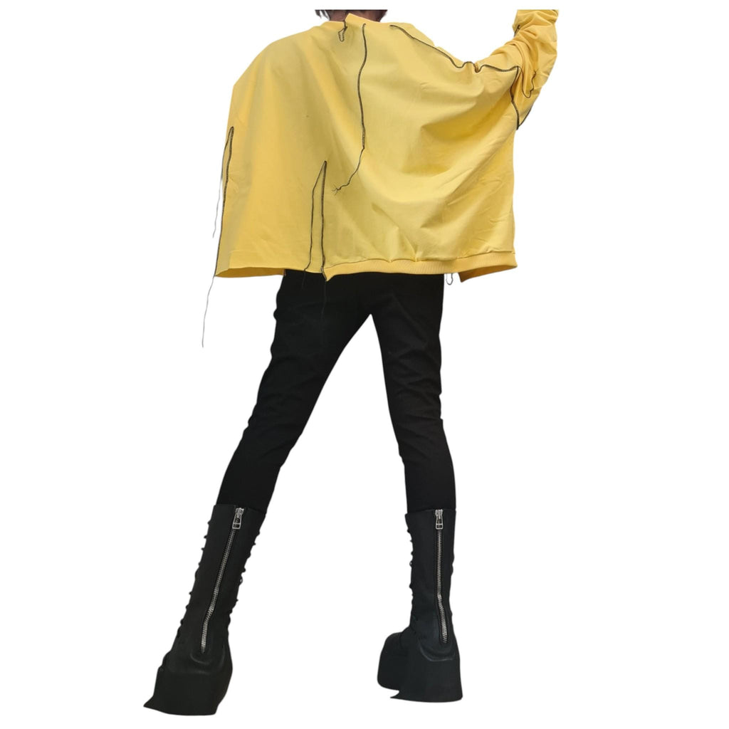 Yellow Cotton Oversize Tunic Top, Asymmetric Loose Cut, Black Contrast Seams, Plus Size Blouse