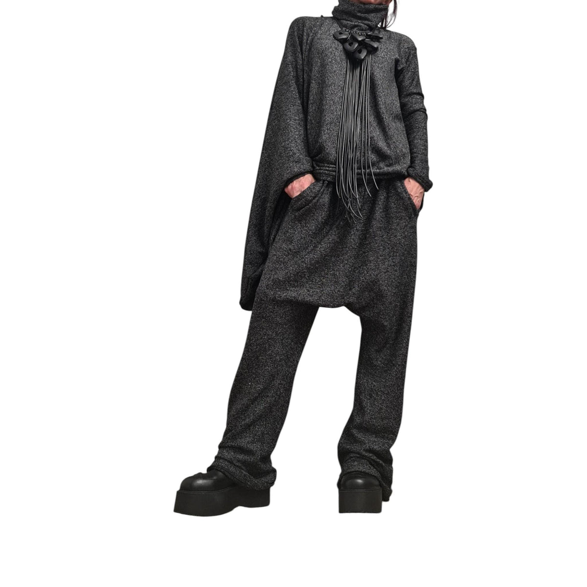 Black Knit Drop Crotch Harem Pants, Oversized Asymmetrical Blouse, Two-Piece Co-Ord Set, Plus Size