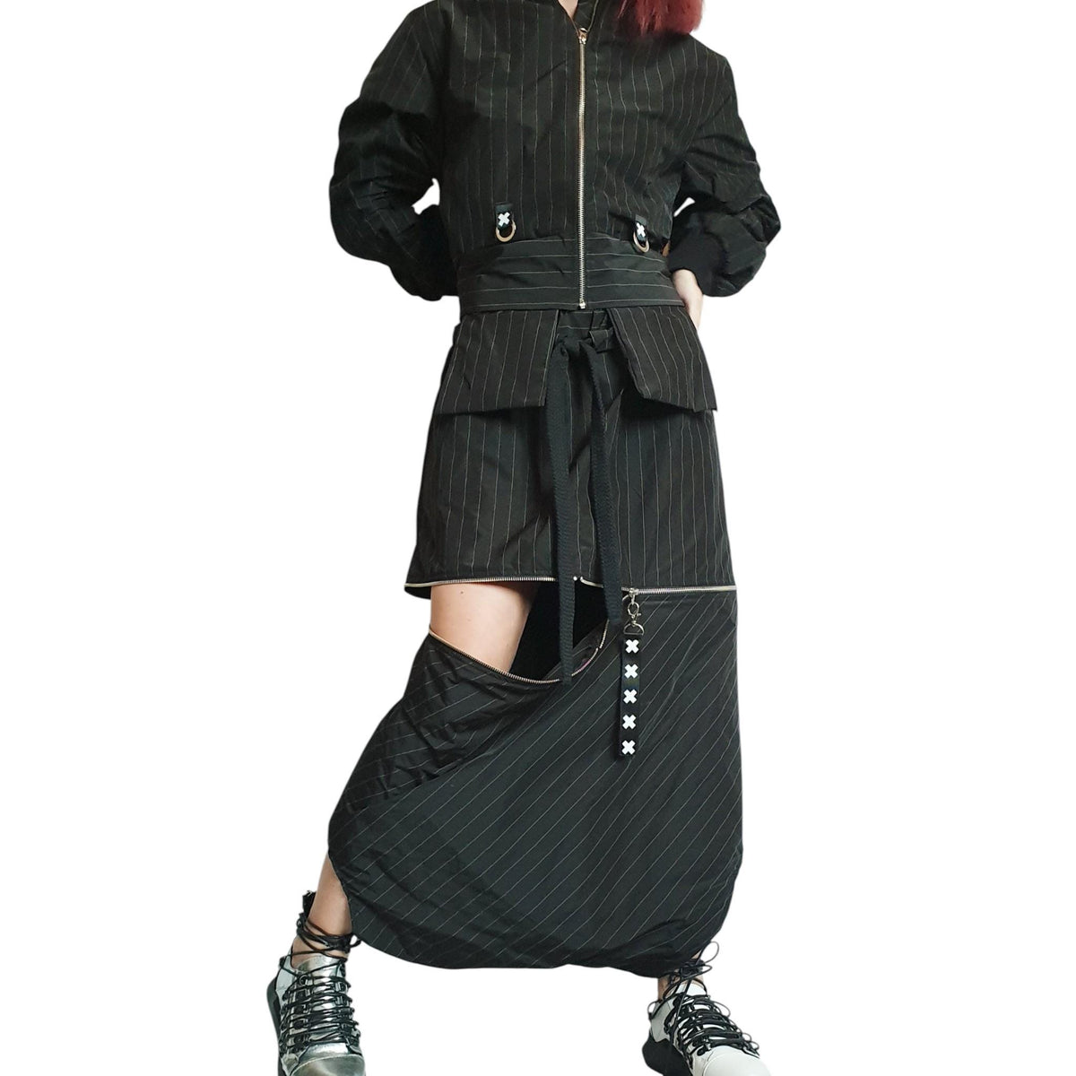 Black Pinstripe Asymmetrical Jacket, Long Pants Skirt, Plus Size Cotton Sateen Co-Ord Set