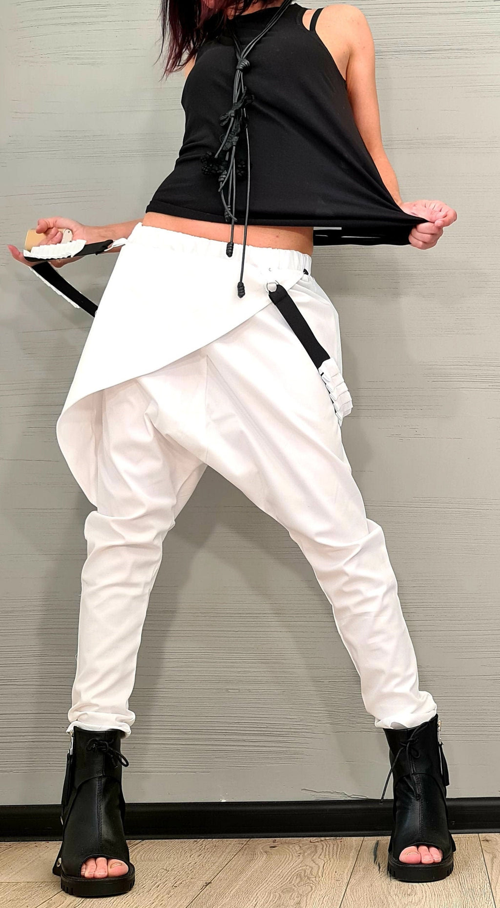 White Harem Pants, Wrap Front Design, Slim Leg, Decorative Suspenders, Wedding Outfit