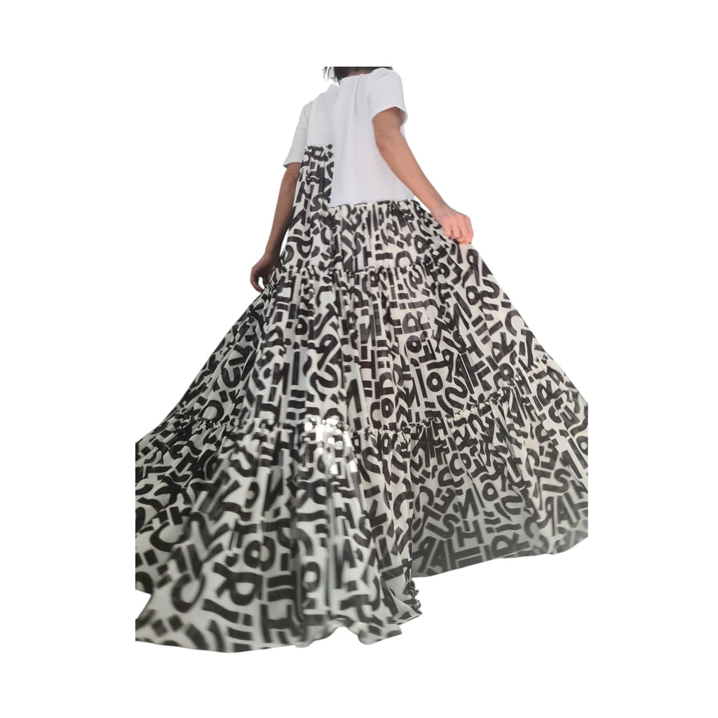 Black White Graphic Maxi Dress, Artistic Tiered T-Shirt Dress, Handmade Avant Garde Summer Clothing