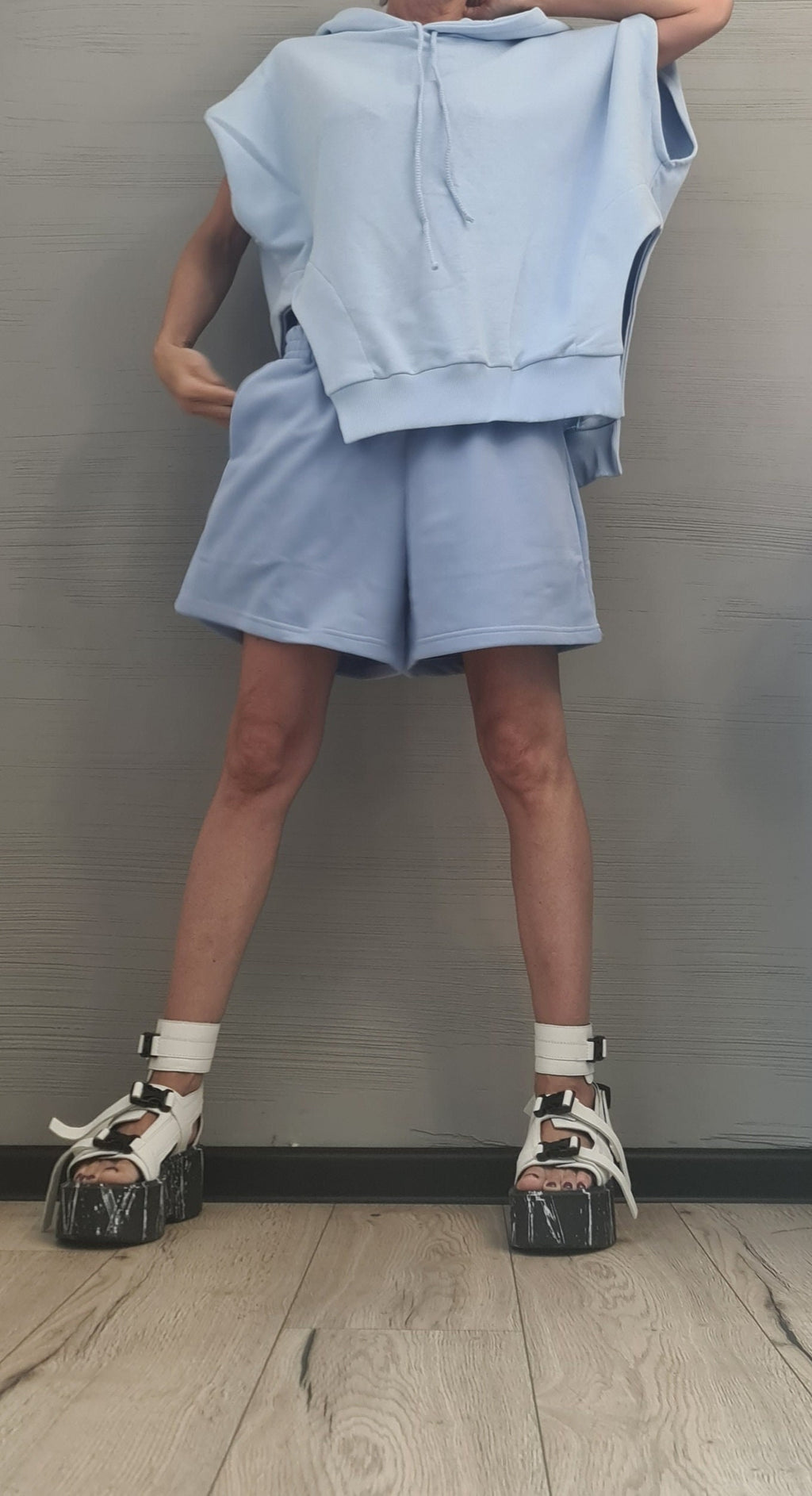 Baby Blue Asymmetrical Cotton Blouse, High Waist Shorts, Summer Co-Ord Set