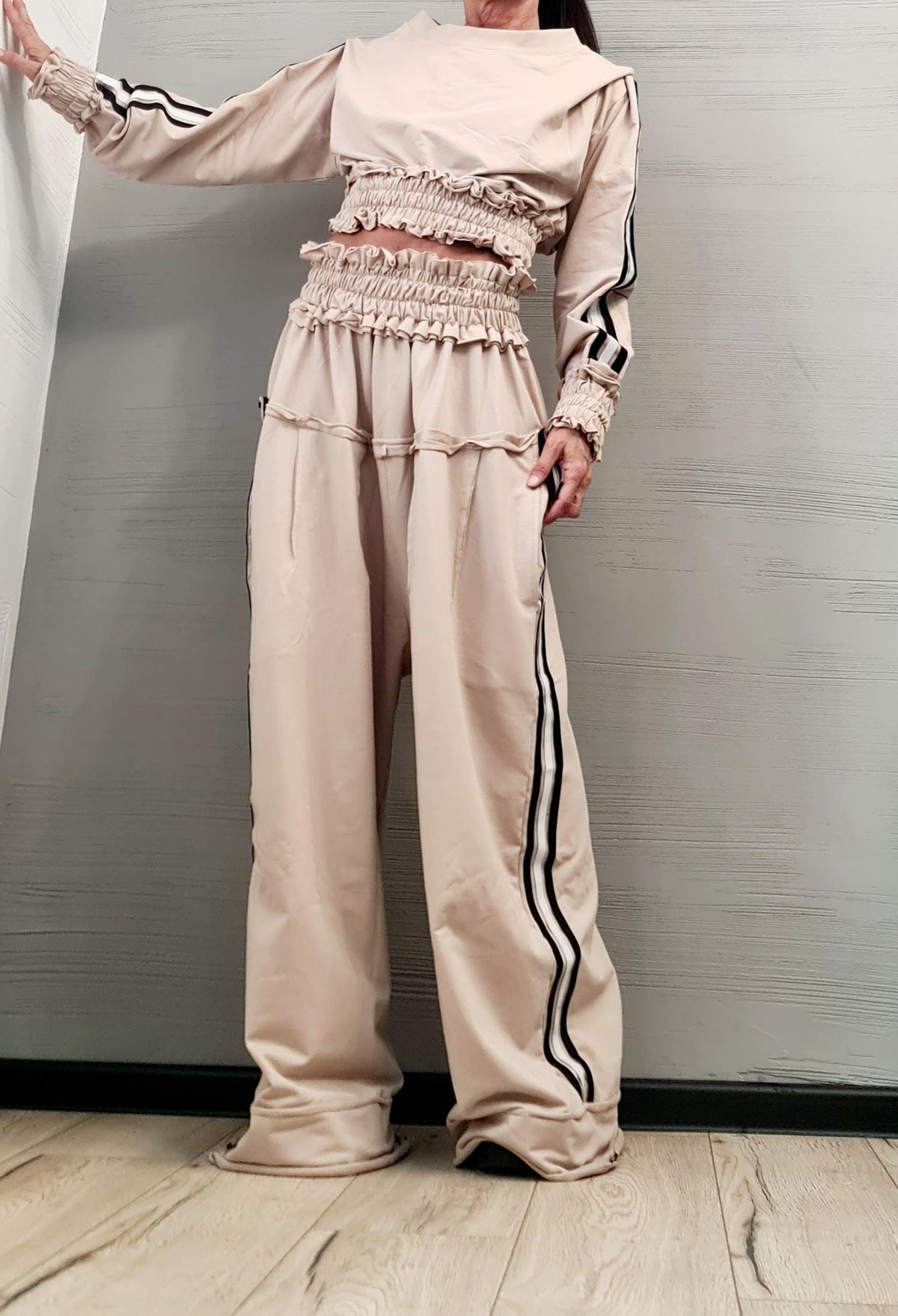Beige Cotton Wide Leg Pants Set, Ruched Cropped Blouse, Contrast Stripes