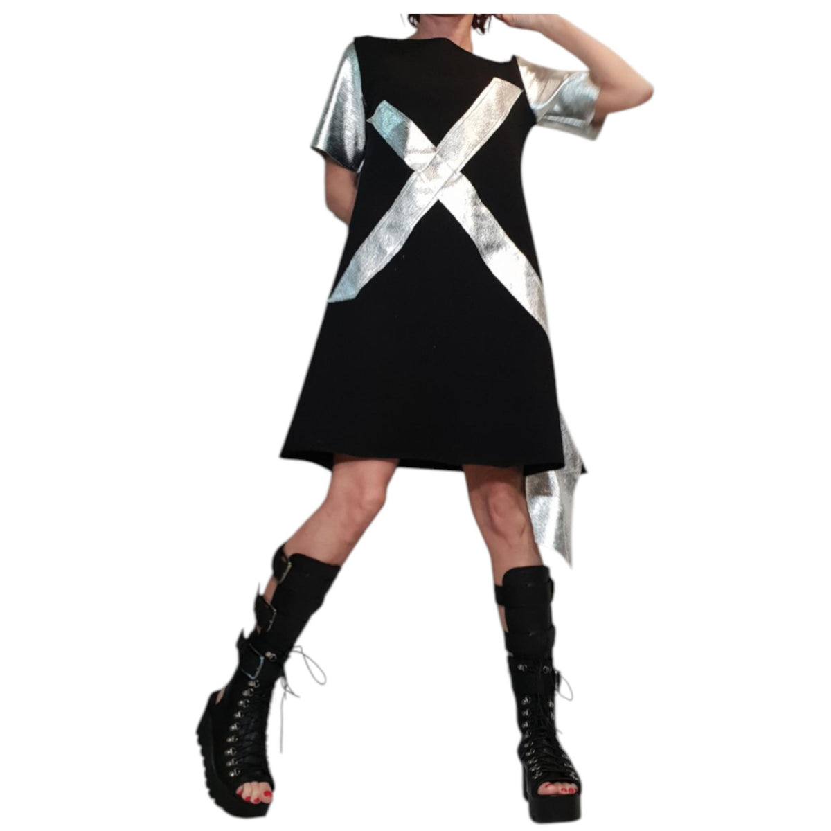 White Silver Cotton Tunic, Dress Silver Elements A Line Short Sleeve Women