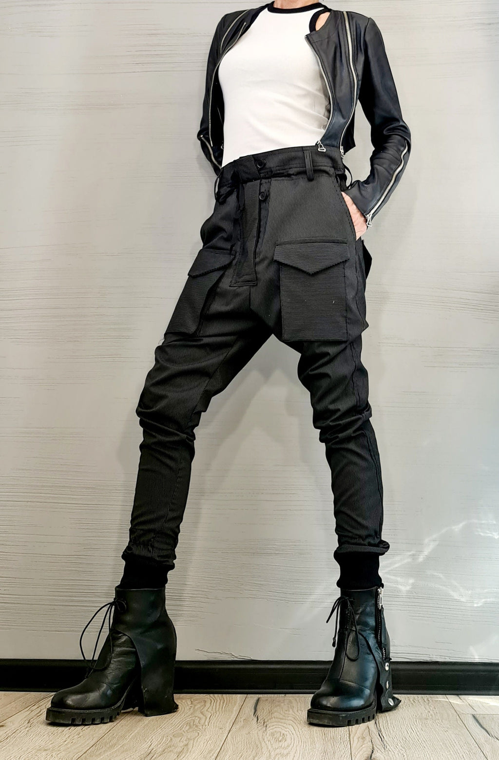 Black Pinstripe Cargo Pants, Drop Crotch Trousers, Slim Leg, Plus Size