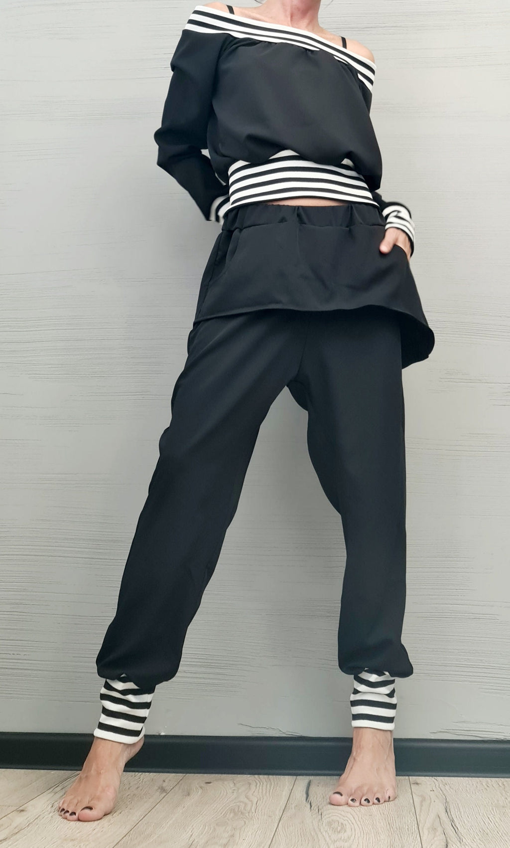 Black Tapered Harem Pants, Asymmetrical Skirt Overlay, Off Shoulder Blouse