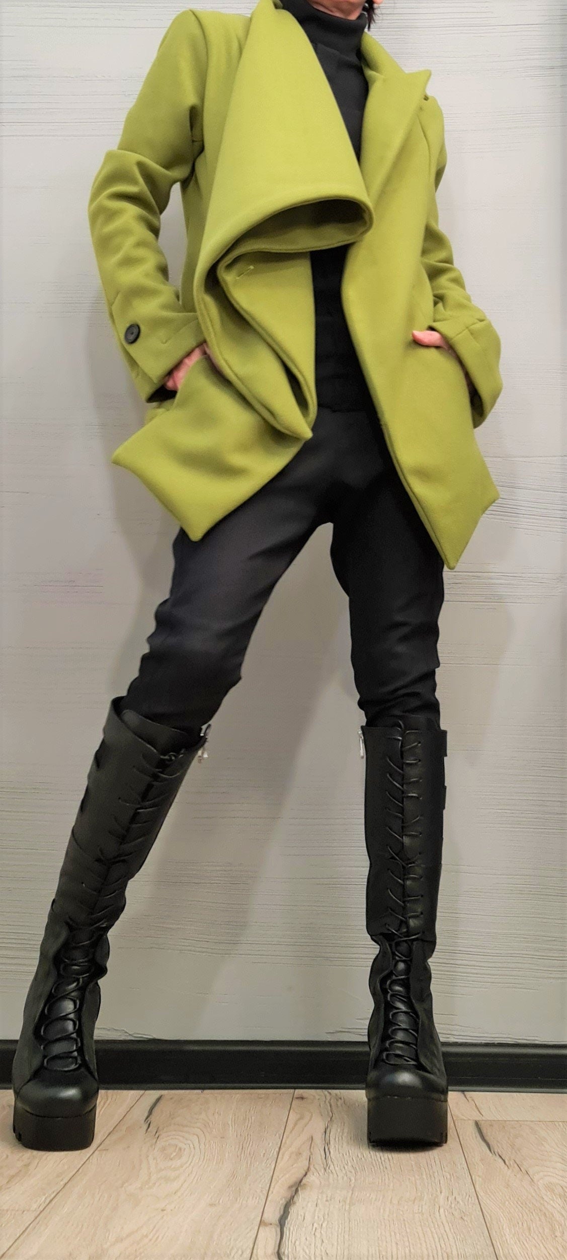 Asymmetrical Coat, Oversized Draped Lapels and Wrap Front, Winter Jacket, Button Cuffs